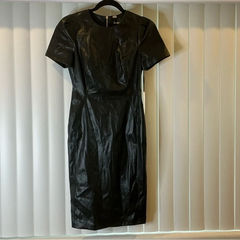 Calvin Klein Petite Faux-Leather Sheath Dress - Picture 5 of 6